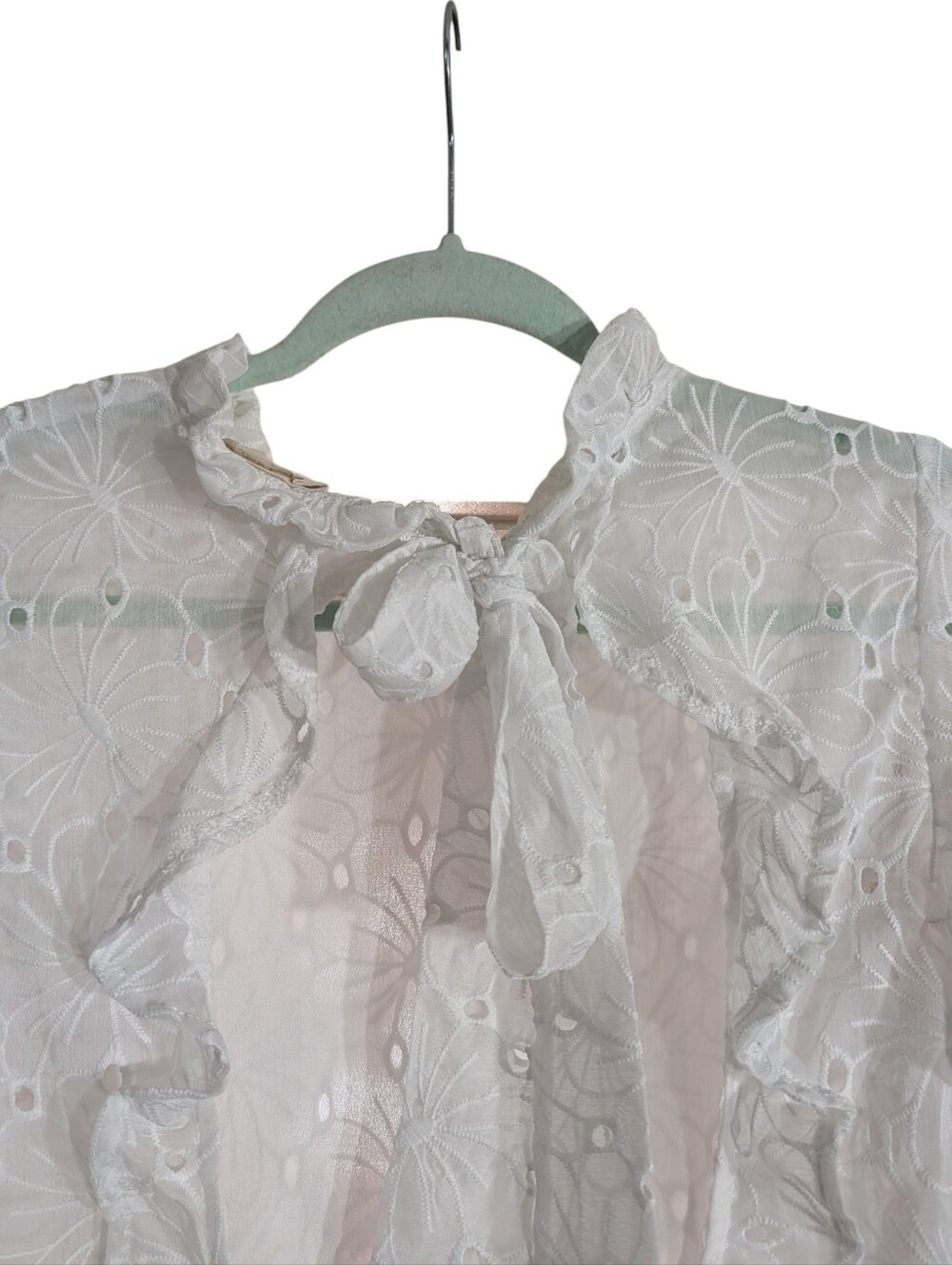 Altar'd State White Floral Eyelet Ruffle Tie-Back Crop Blouse | Cottagecore Boho - Picture 8 of 12